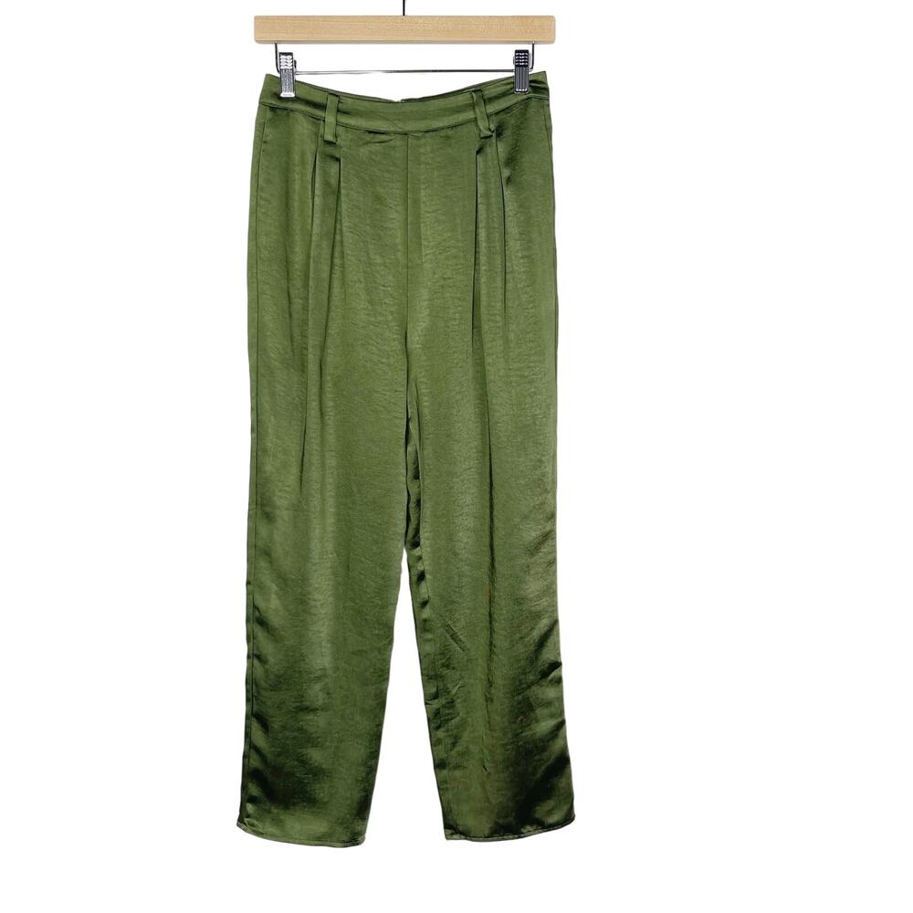 Lovers + Friends S Olive Green Satin Overland Trousers Pants Pleated Zip Back